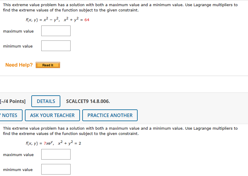 Solved This extreme value problem has a solution with both a | Chegg.com