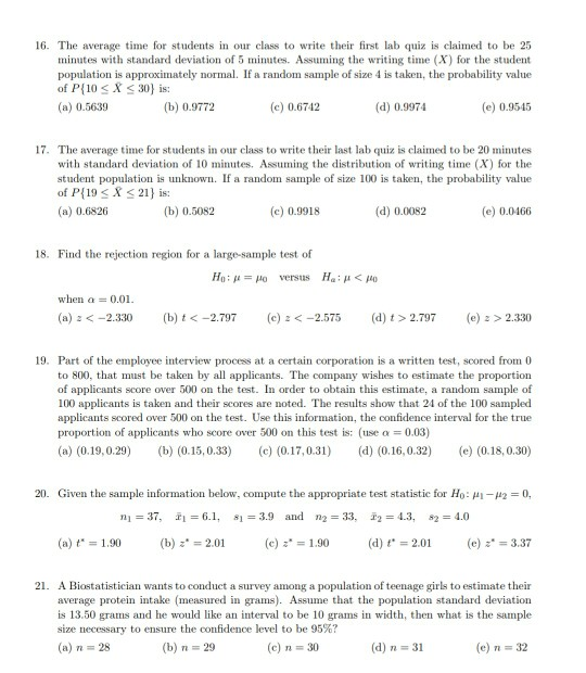 Solved 16. The average time for students in our class to | Chegg.com