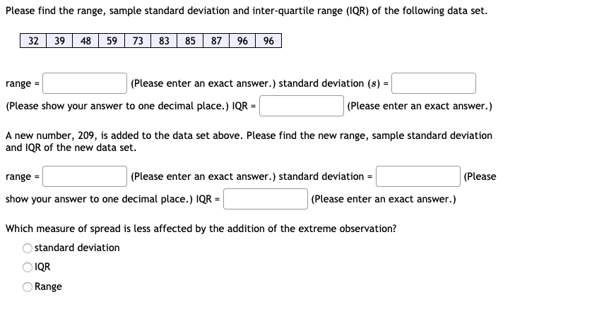 Solved Please find the range, sample standard deviation and | Chegg.com