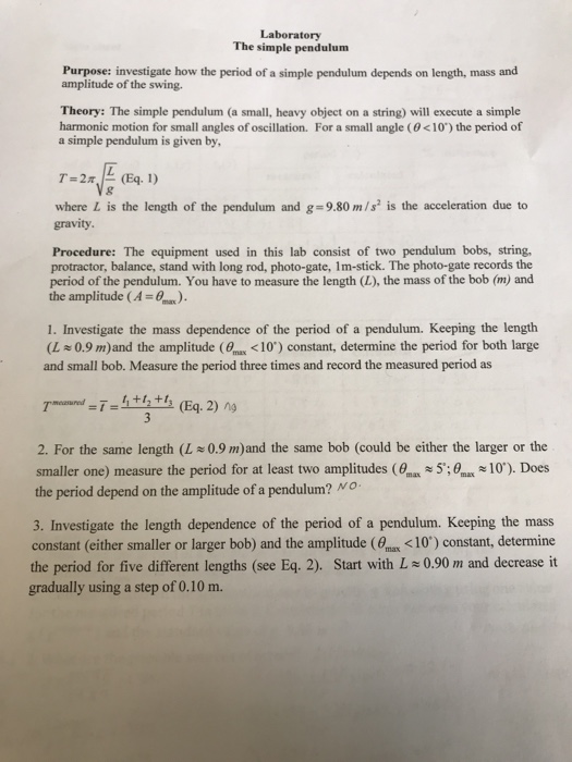 Solved Laboratory The simple pendulunm Purpose investigate