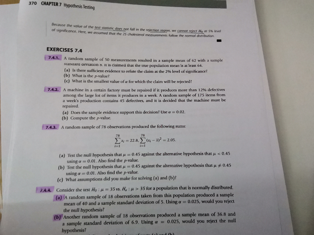 Solved 370 CHAPTER 7 Hypothesis Testing Because the value of | Chegg.com