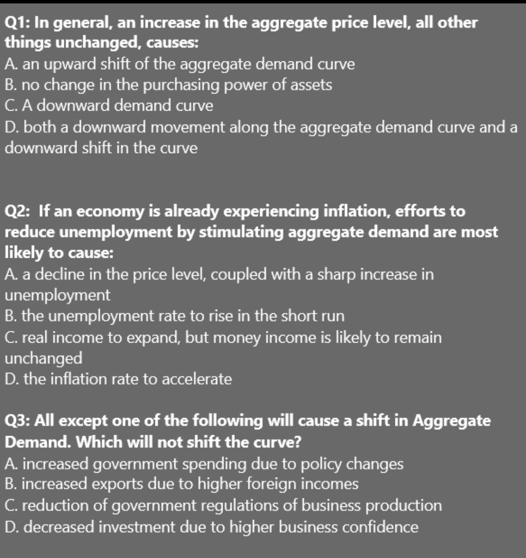Solved Q1: In general, an increase in the aggregate price | Chegg.com