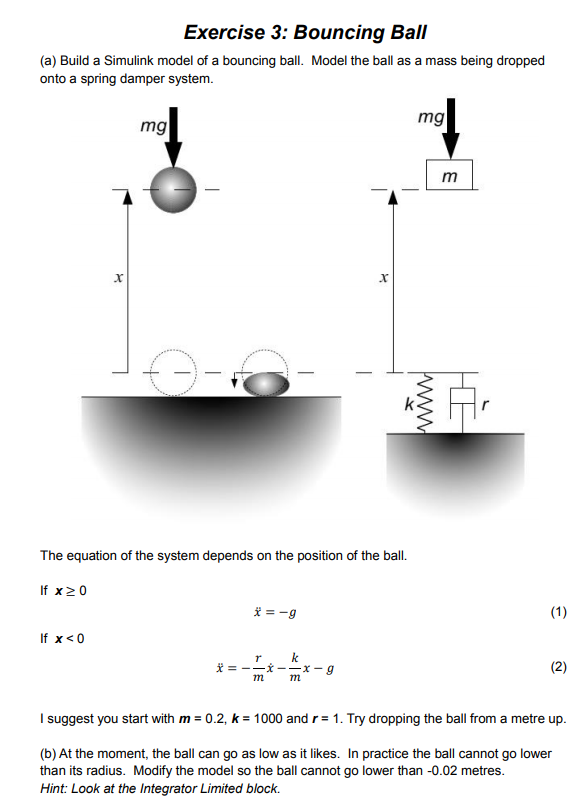 Solved Exercise 3: Bouncing Ball (a) Build a Simulink model | Chegg.com