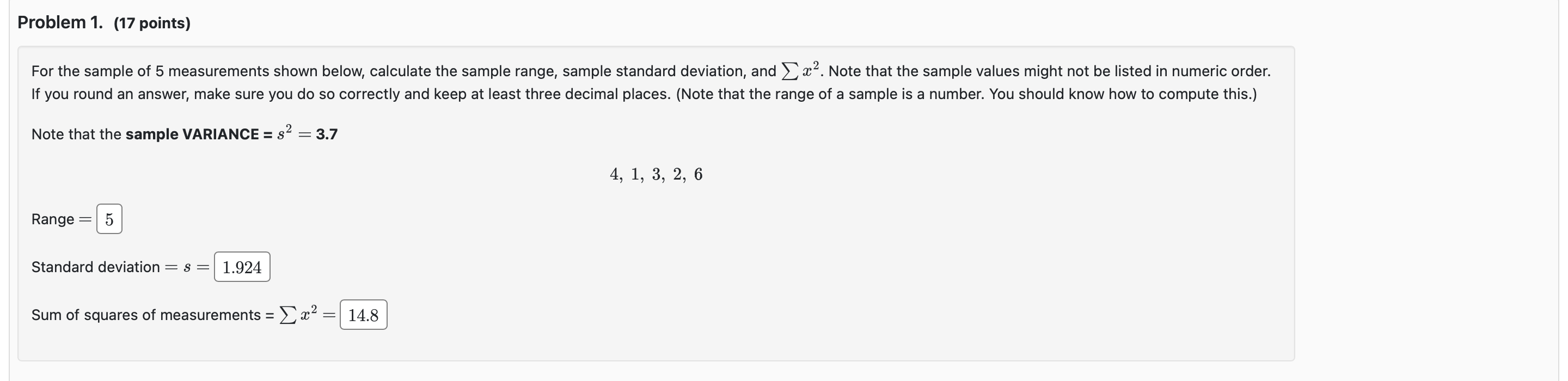 Solved For the sample of 5 measurements shown below, | Chegg.com