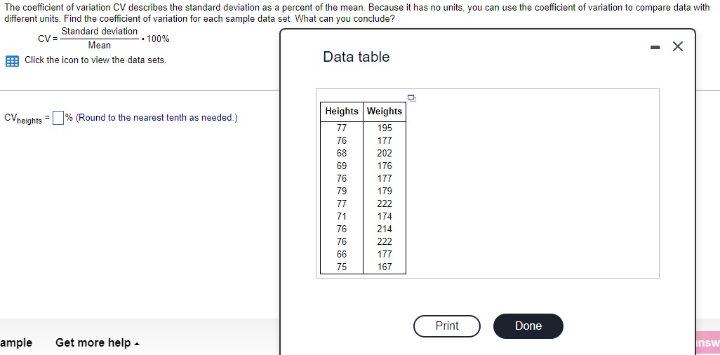 Solved The coefficient of variation CV describes the | Chegg.com