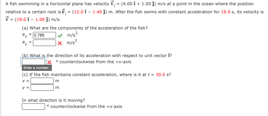 Solved A Fish Swimming In A Horizontal Plane Has Velocity Chegg Com