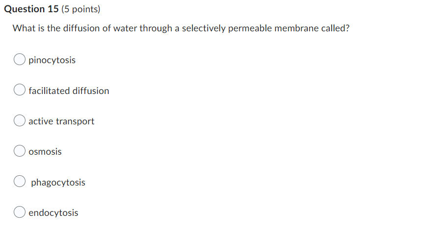 What is the diffusion of water through a selectively permeable membrane called?
pinocytosis
facilitated diffusion
active tran