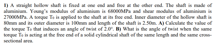Solved 1) A straight hollow shaft is fixed at one end and | Chegg.com