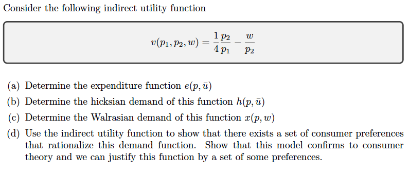Consider the following indirect utility function w | Chegg.com