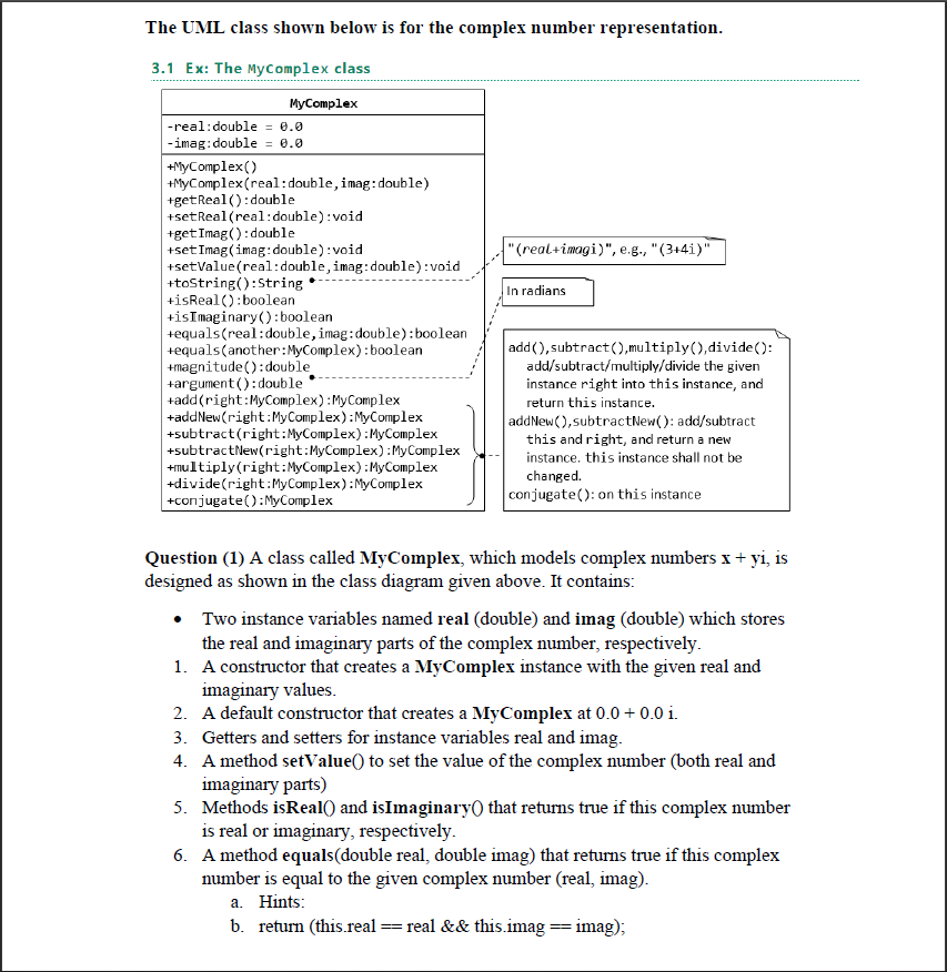 Solved The UML class shown below is for the complex number | Chegg.com