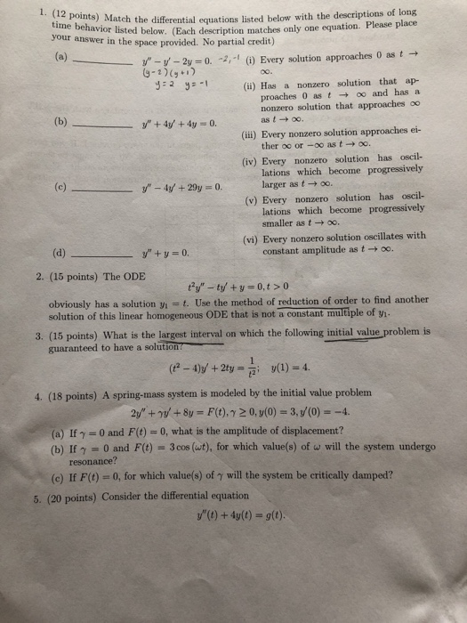 Solved i ts) Match the differential equations listed below | Chegg.com