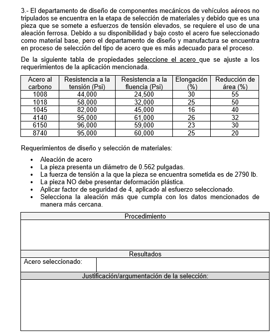 3.- El departamento de diseño de componentes mecánicos de vehículos aéreos no tripulados se encuentra en la etapa de selecció