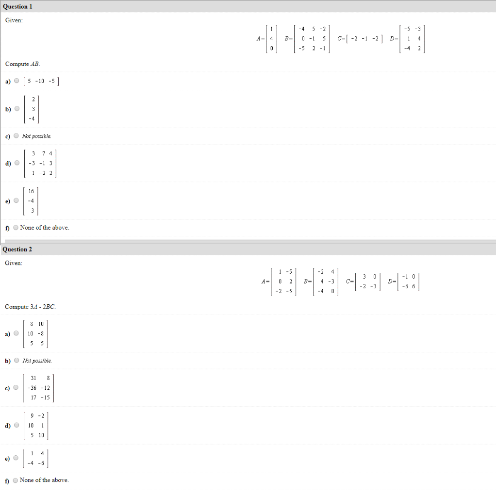 Solved Question 1 Given: 5 -2 1 -4 -5 -3 c-2 -1 -2D A 4 В- 0 | Chegg.com