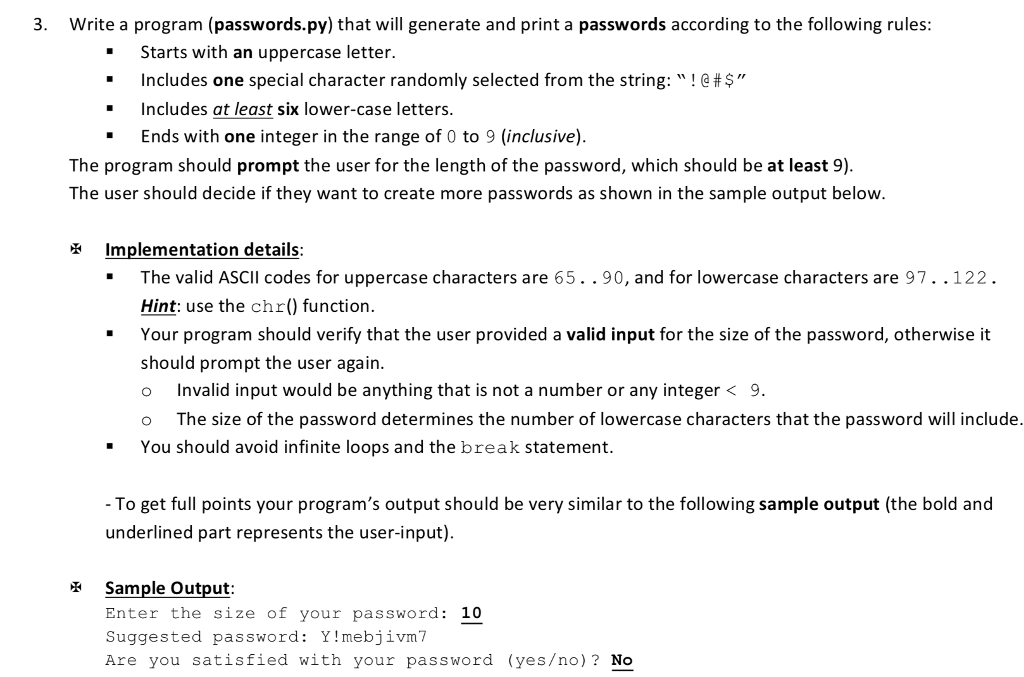 Solved . Write a program (passwords.py) that will generate | Chegg.com