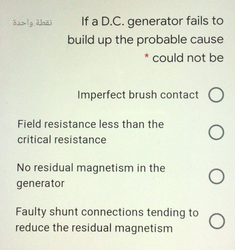 Solved نقطة واحدة If a D.C. generator fails to build up the