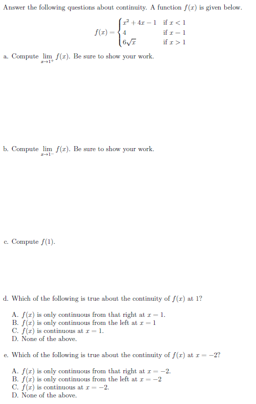 Solved Answer The Following Questions About Continuity. A | Chegg.com