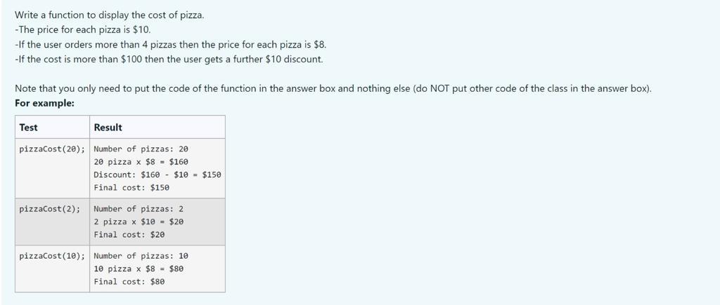 Solved Write a function to display the cost of pizza. -The | Chegg.com