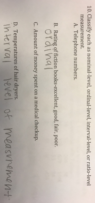 Solved 10 classify each as nominal level ordinal level chegg