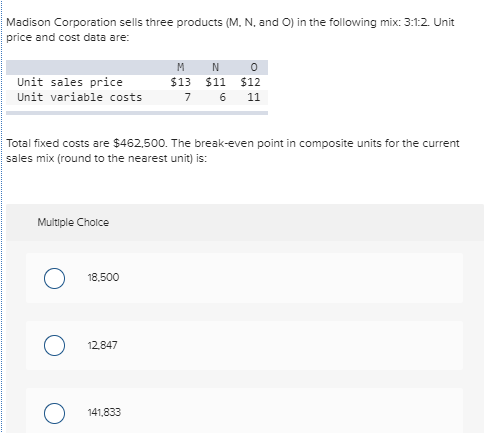 Solved Madison Corporation sells three products (M. N. and | Chegg.com