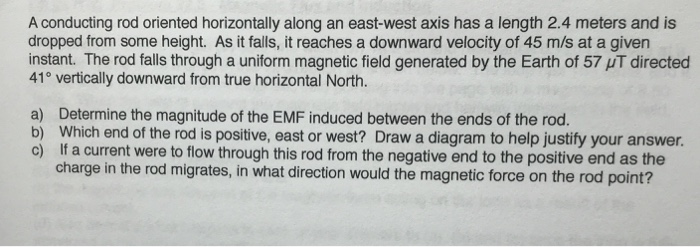 Solved A conducting rod oriented horizontally along an | Chegg.com