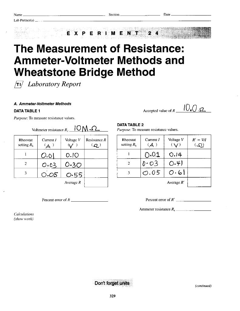 Solved The Measurement of Resistance AmmeterVoltmeter