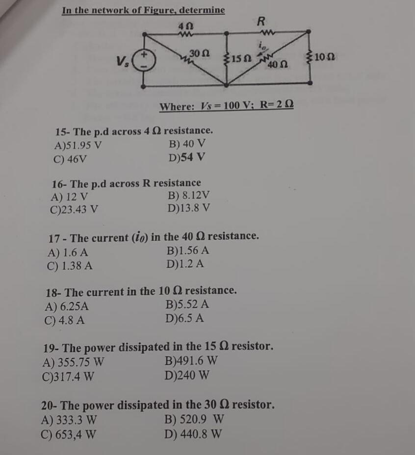 Solved in the network of figure below, determine the | Chegg.com