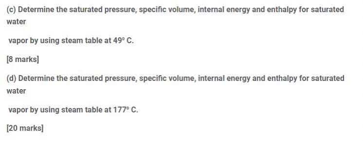 (c) Determine the saturated pressure, specific volume, internal energy and enthalpy for saturated water vapor by using steam 