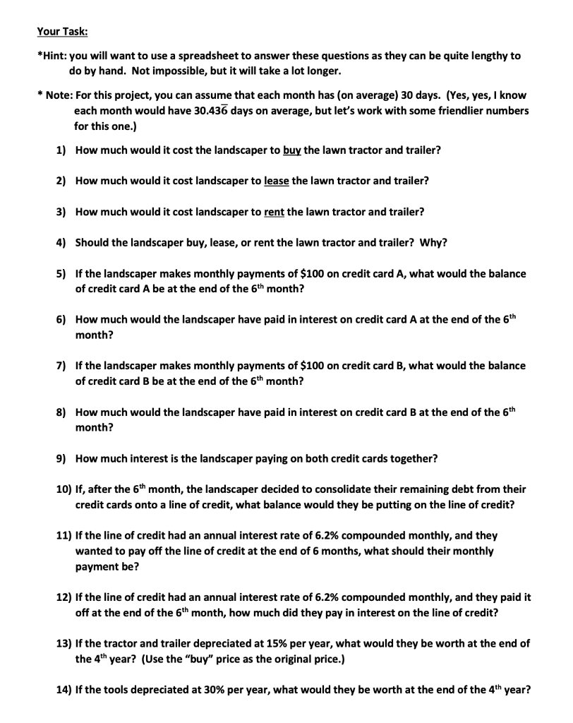 Solved Your Task: *Hint: you will want to use a spreadsheet | Chegg.com