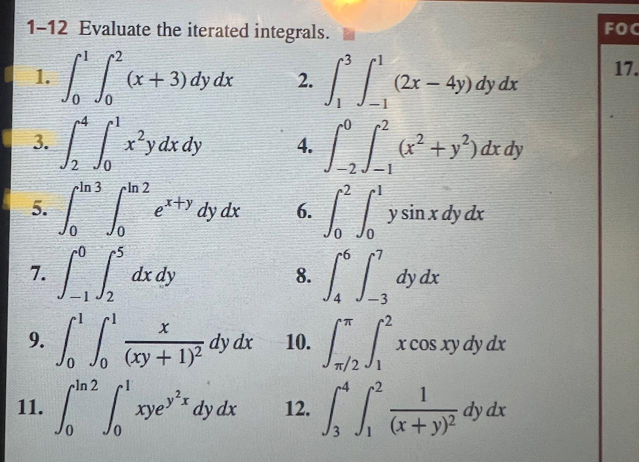 Solved 1-12 Evaluate The Iterated Integrals. 1. | Chegg.com