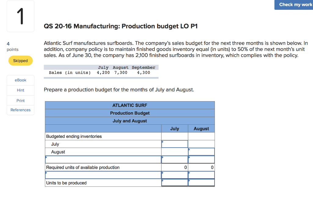 Solved Check my work QS 2016 Manufacturing Production