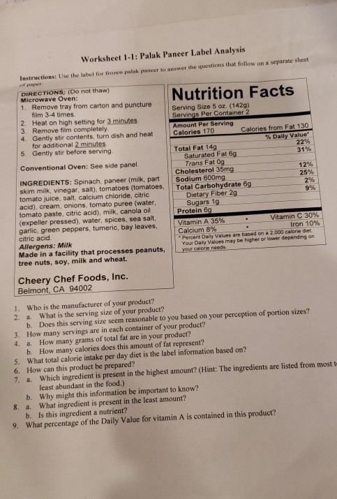 Nutrition Label Worksheet Answer