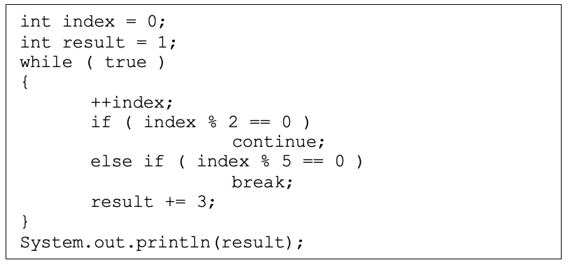 Solved = = int index 0; int result = 1; while ( true) { | Chegg.com
