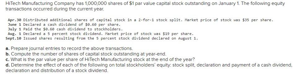 Solved HiTech Manufacturing Company Has 1,000,000 Shares Of | Chegg.com
