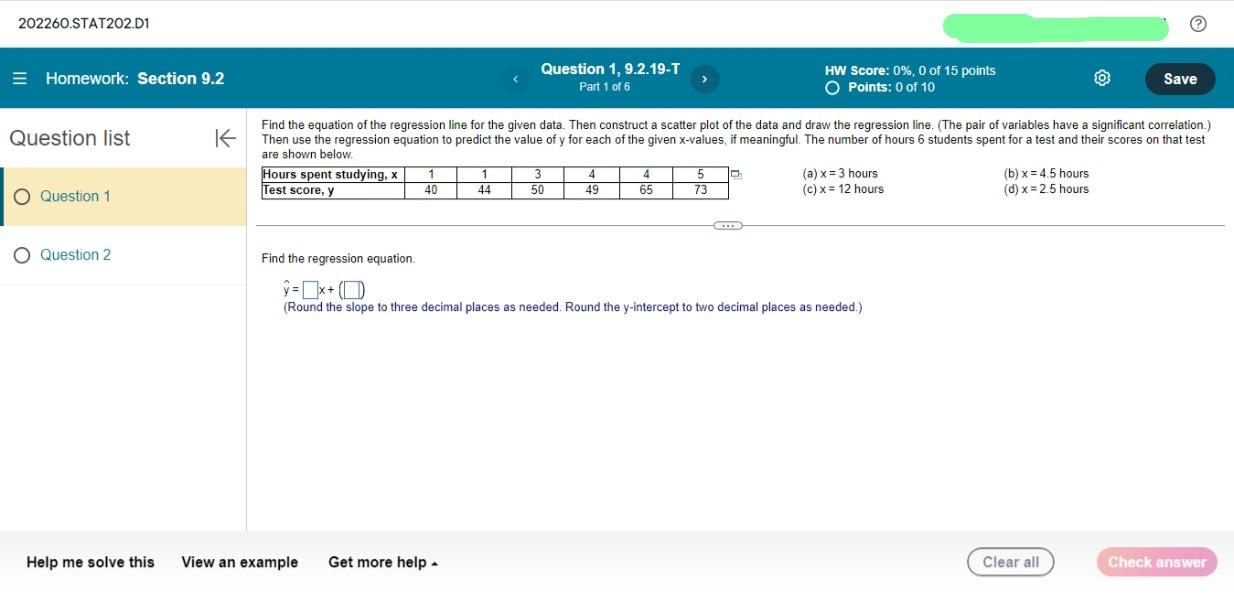 Solved Find the equation of the regression line for the | Chegg.com