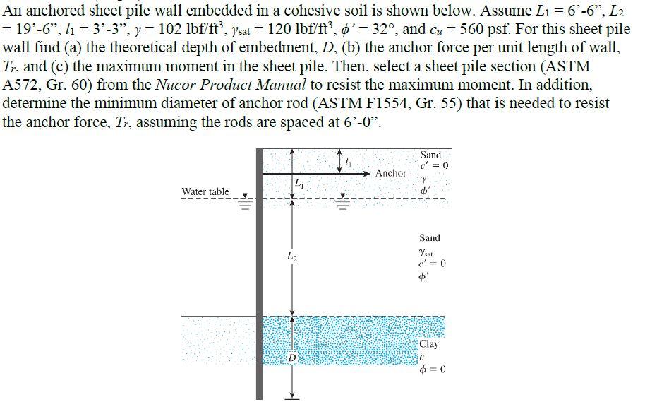 An anchored sheet pile wall embedded in a cohesive | Chegg.com