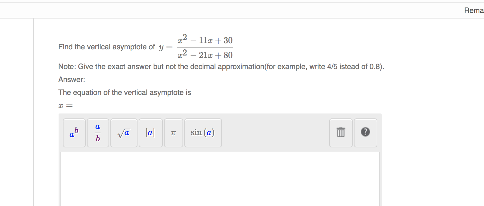 Solved Rema x255 255x + 255 Find the vertical asymptote of y= x255