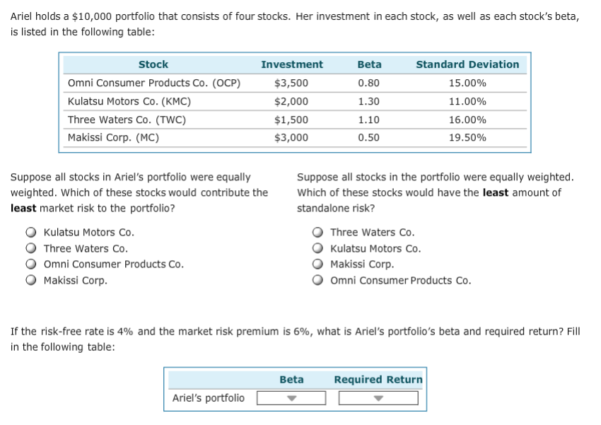 Solved Ariel holds a 10,000 portfolio that consists of four
