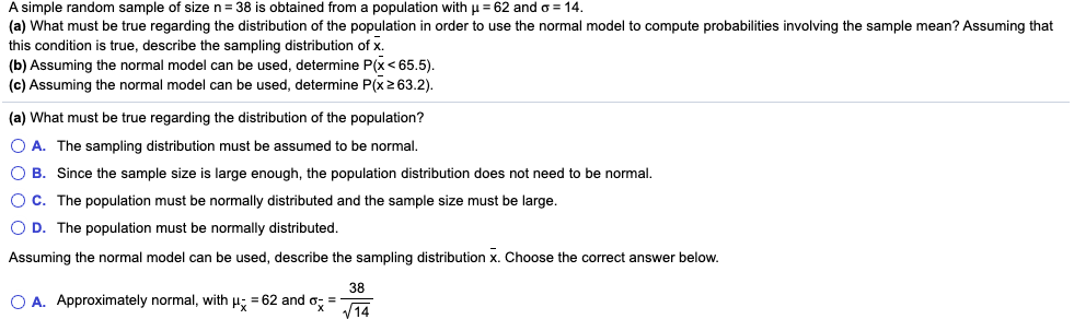 Solved A simple random sample of size n= 38 is obtained from | Chegg.com