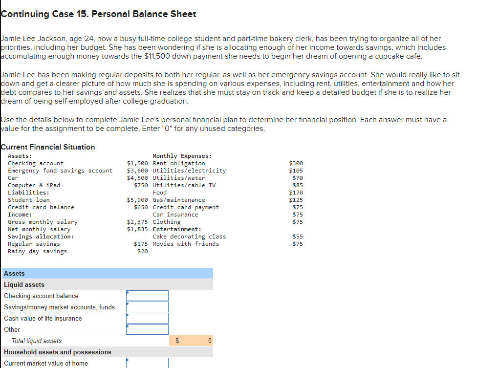 personal balance sheet for college student