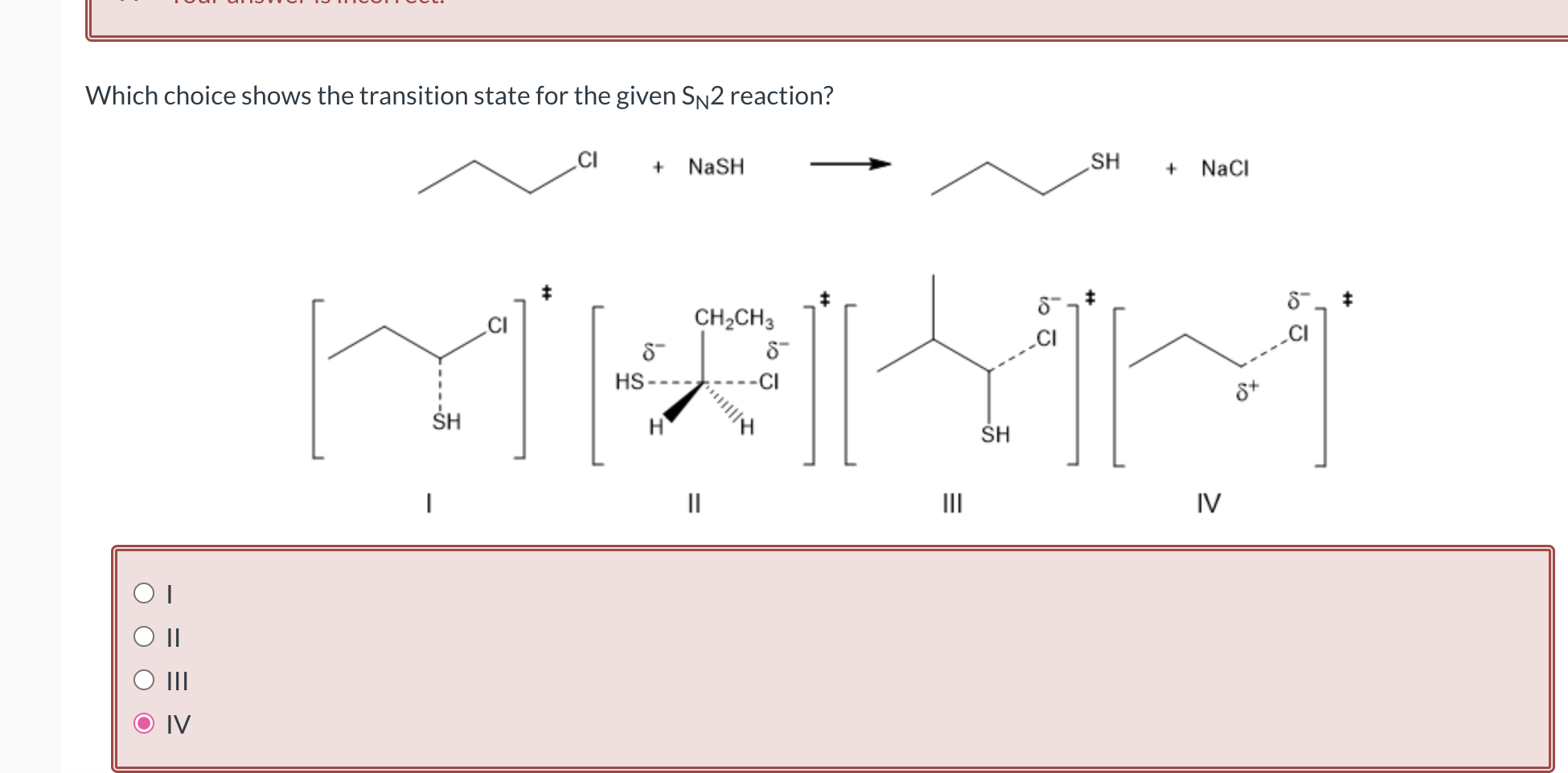 Which choice shows the transition state for the given \( S_{N} 2 \) reaction?