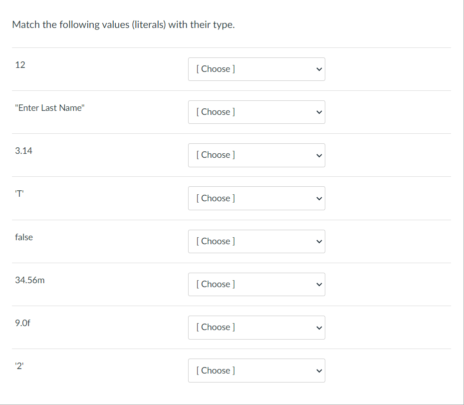 solved-match-the-following-values-literals-with-their-chegg