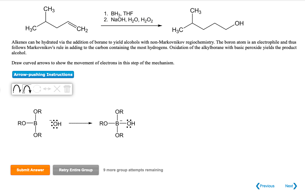 CH3 CH3 1. BH3, THF 2. NaOH, H20, H2O2 OH HC CH2 H3C Alkenes can be hydra.....