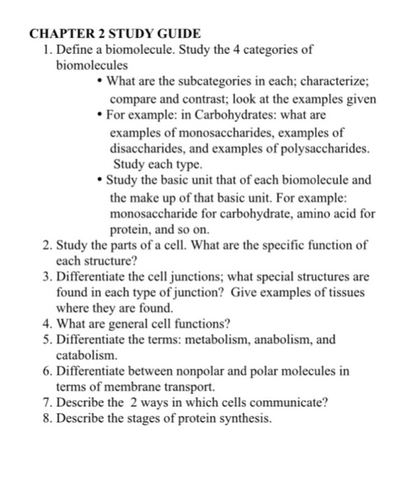 Solved CHAPTER 2 STUDY GUIDE 1 Define A Biomolecule Study Chegg