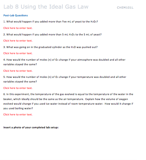 Lab 8 Using the Ideal Gas Law CHEM101L Post-Lab | Chegg.com