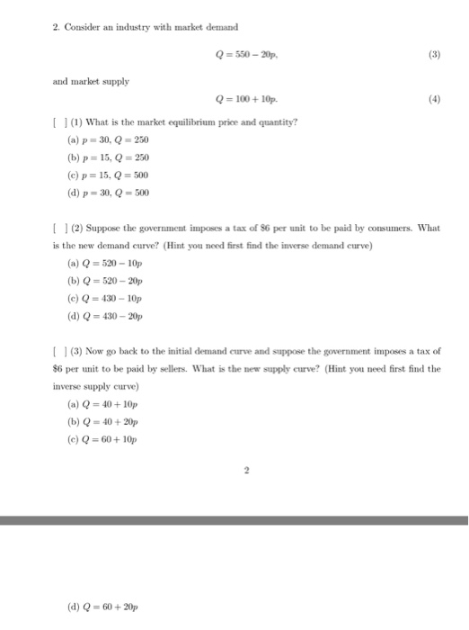 Solved 2. Consider An Industry With Market Demand 0-550- 20p 