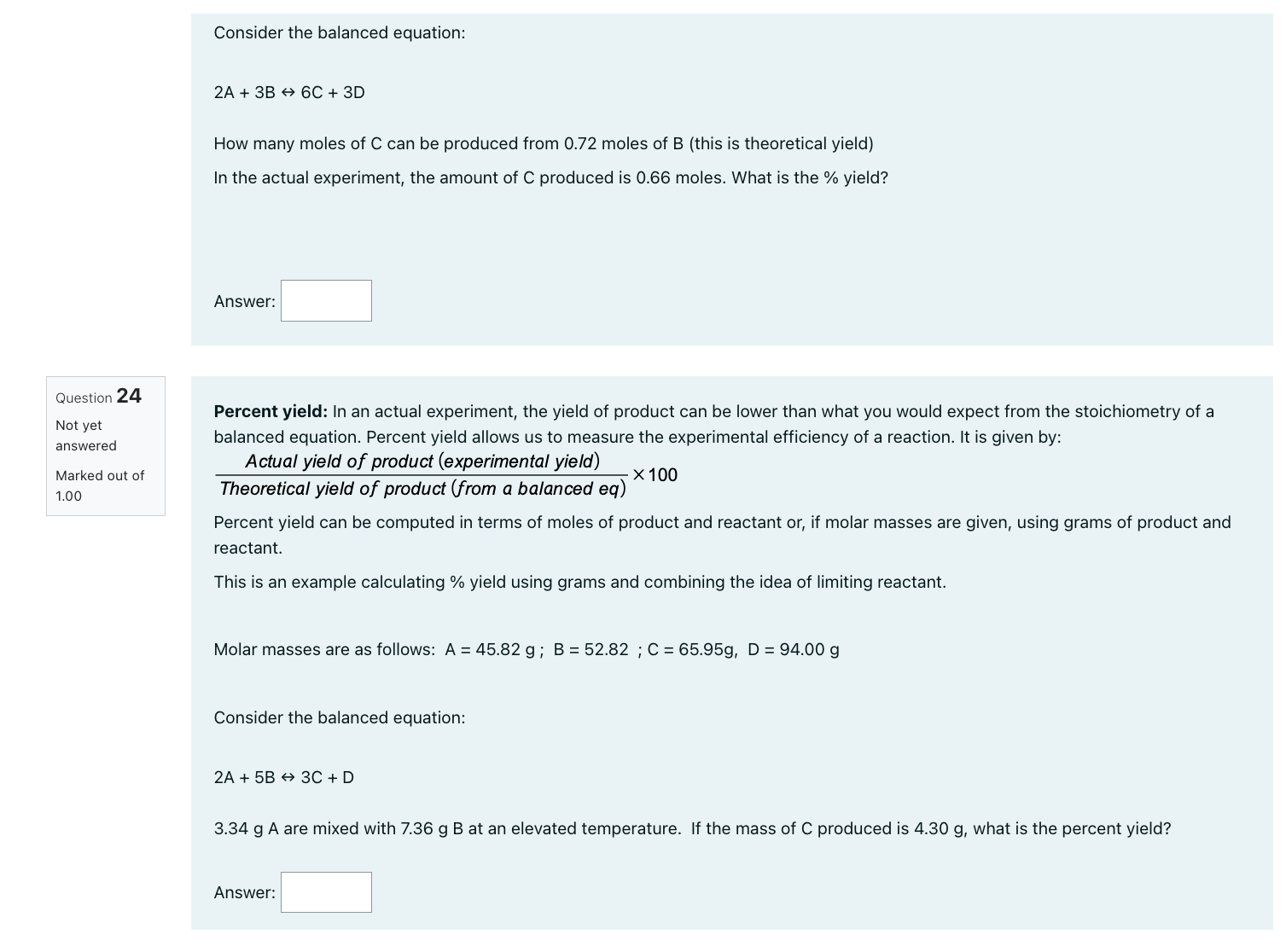 Solved Consider the balanced equation: 2A+3B↔6C+3D How many | Chegg.com