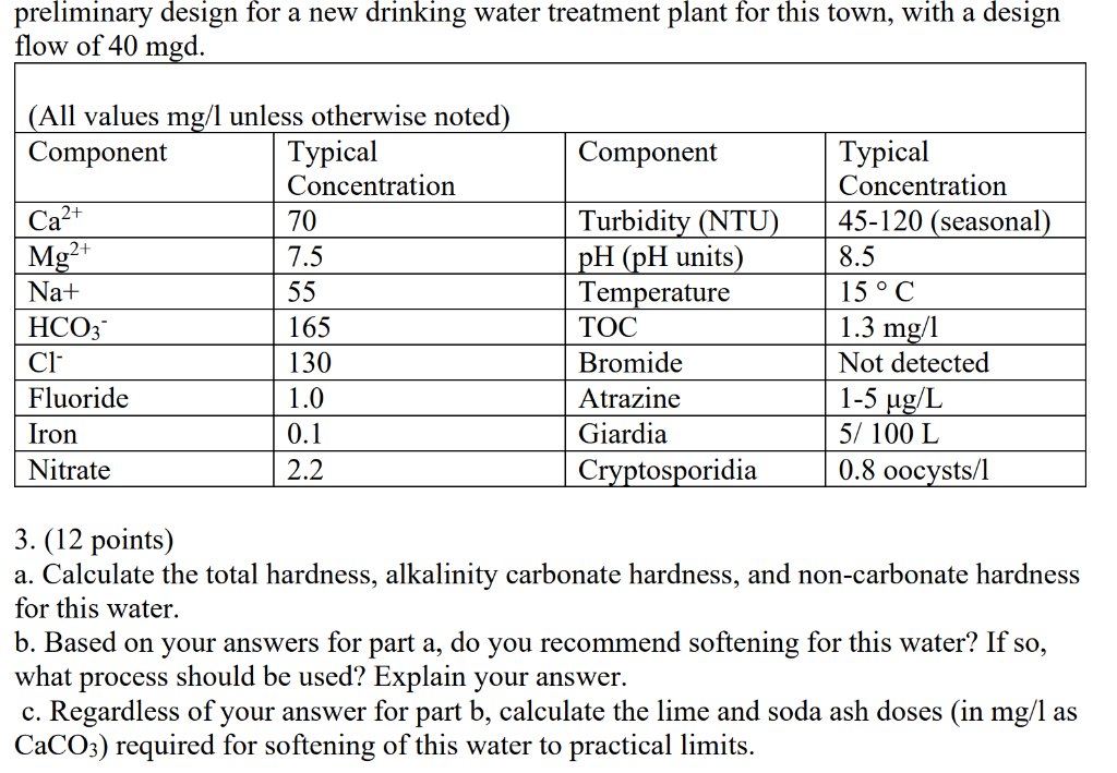 Solved preliminary design for a new drinking water treatment | Chegg.com