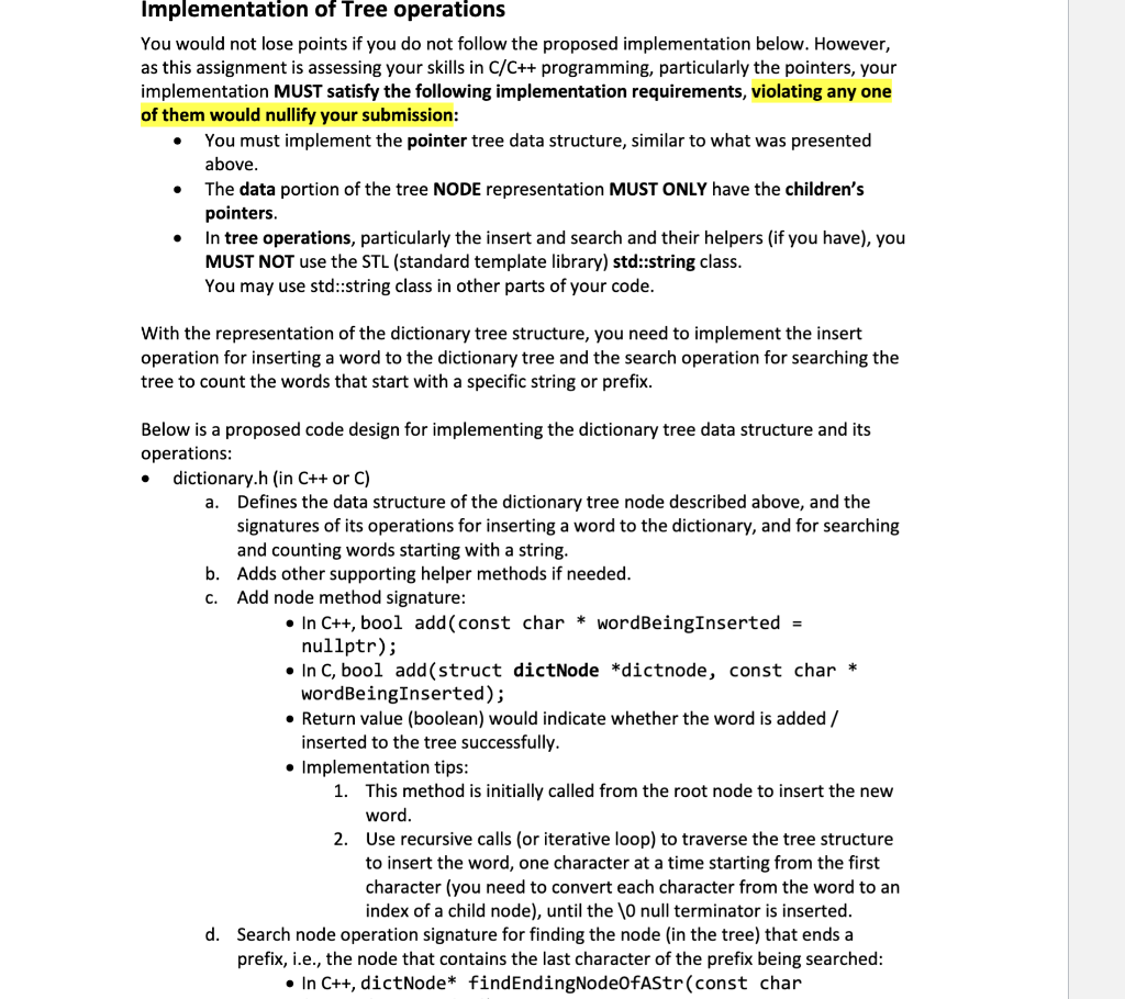 Solved Dictionary Tree Specifications The dictionary tree is | Chegg.com