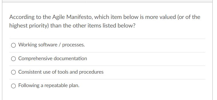 Solved According to the Agile Manifesto, which item below is | Chegg.com