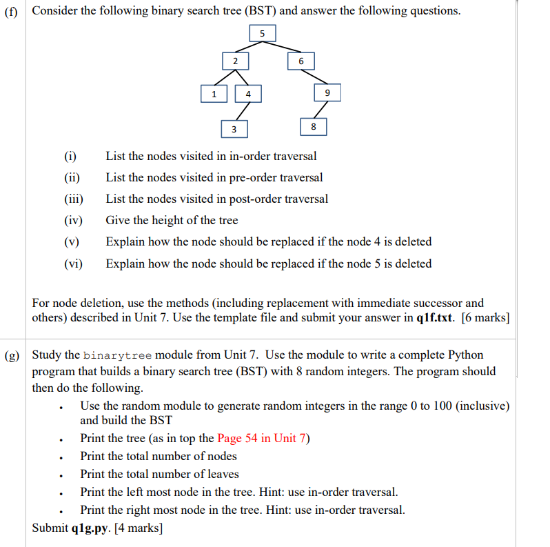 Solved (f) Consider the following binary search tree (BST) | Chegg.com